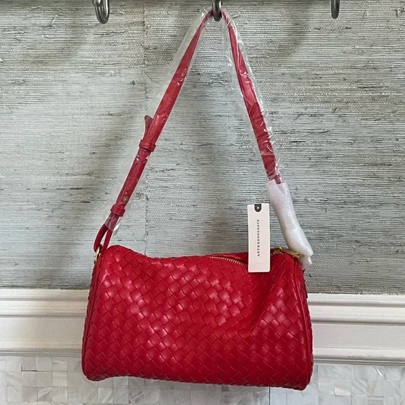 NWT new Anthropologie woven shoulder bag red faux leather zipper purse - Picture 13 of 14